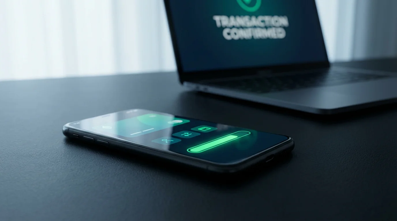 Smartphone displaying a cryptocurrency wallet interface next to a laptop showing a transaction confirmation