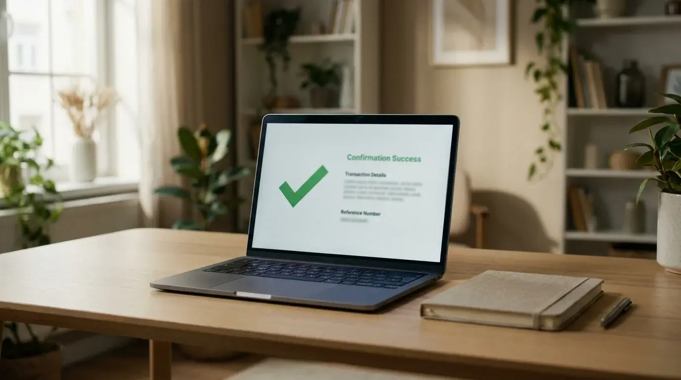 Laptop screen displaying a self-exclusion confirmation page in a quiet home office setting