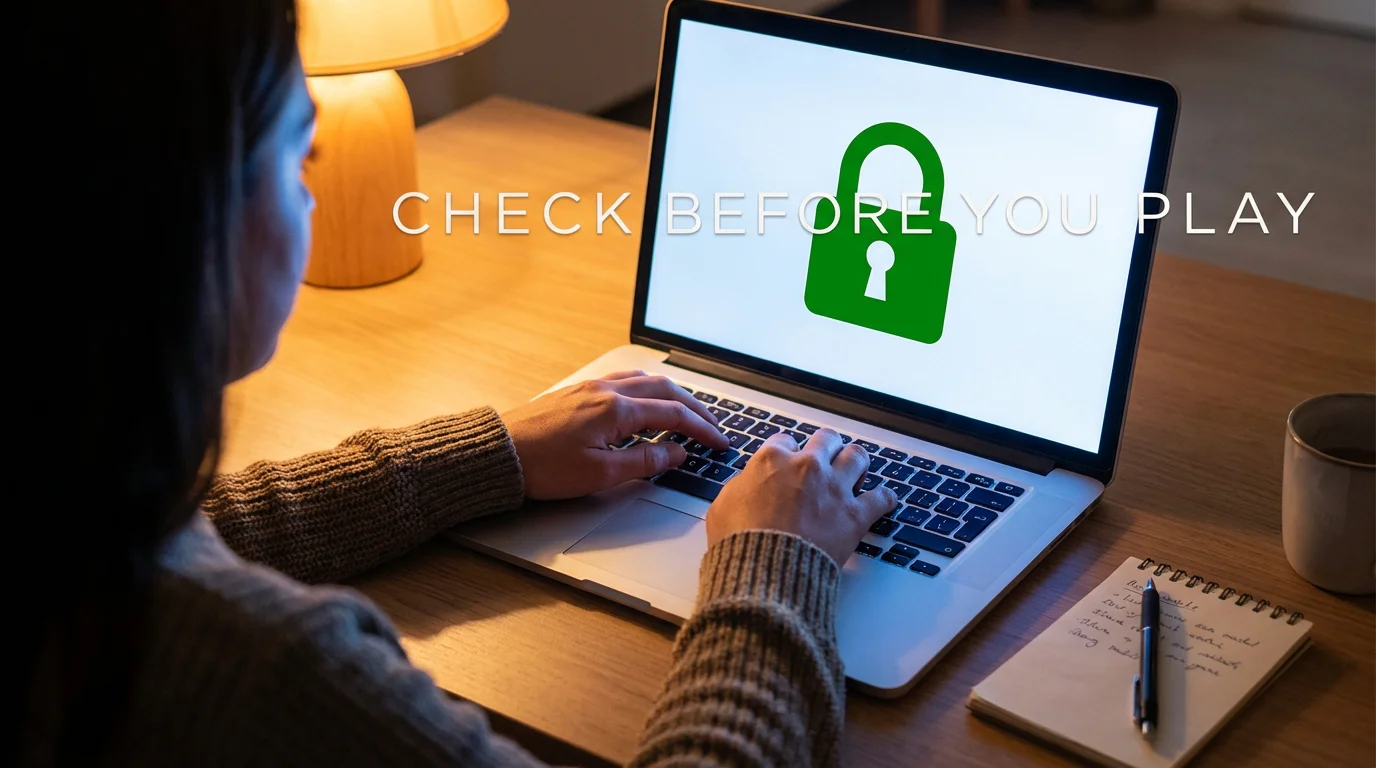 Safety at non-GamStop casinos — person checking a laptop with a padlock icon on screen