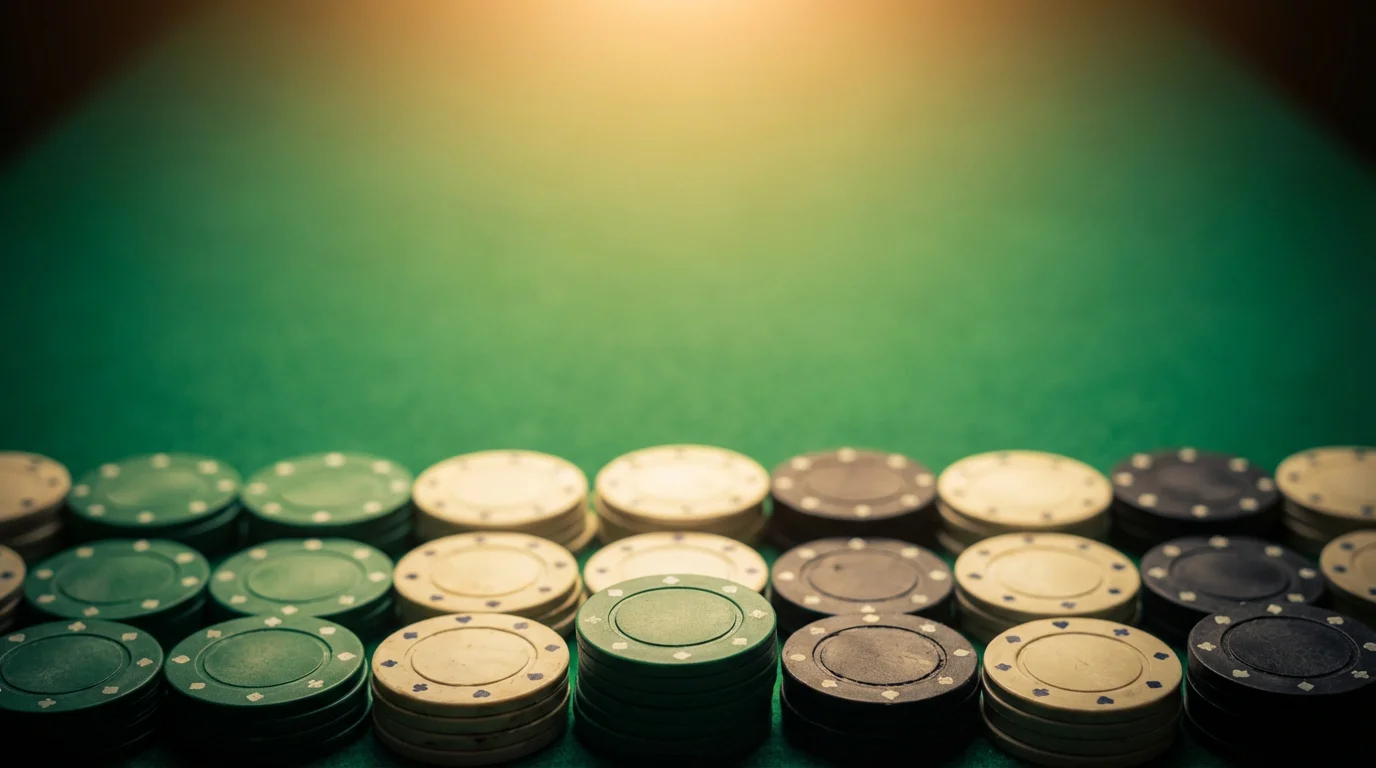 Green felt casino card table under warm overhead lighting with poker chips stacked in neat rows