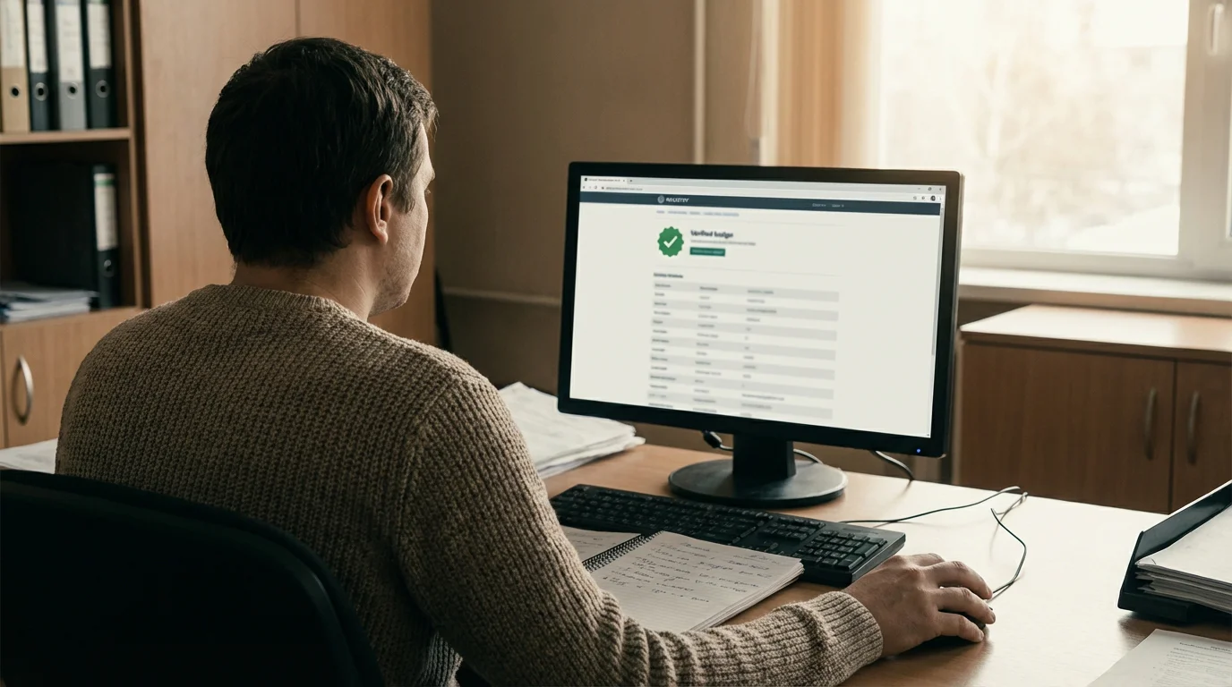 Person at a desk checking a casino licence number on a regulatory authority website